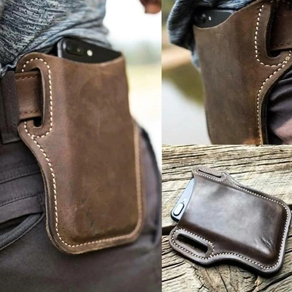 Vintage Brown Leather Phone Holster – Belt Clip Mobile Phone Pouch