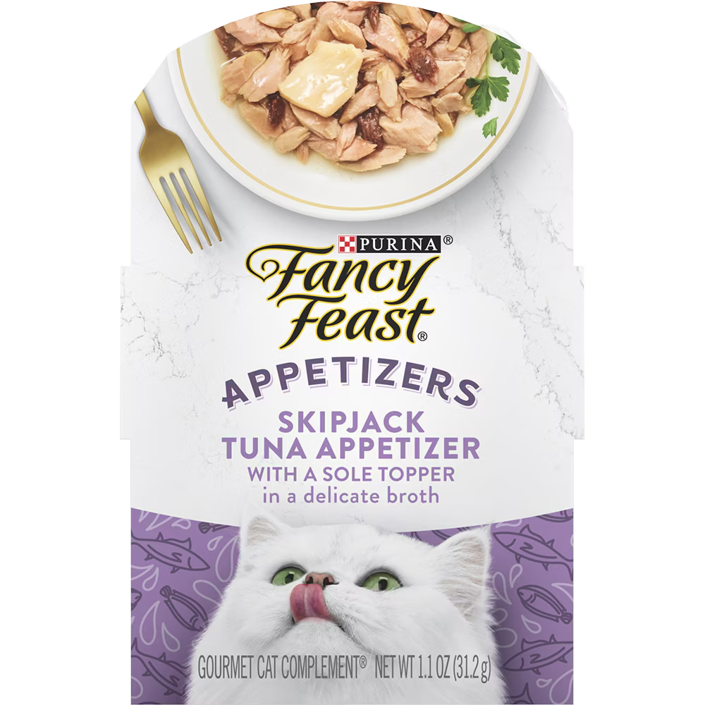Purina Fancy Feast Appetizers Grain Free Wet Cat Food Complement Skipjack Tuna Appetizer with a Sole Cat Food Topper