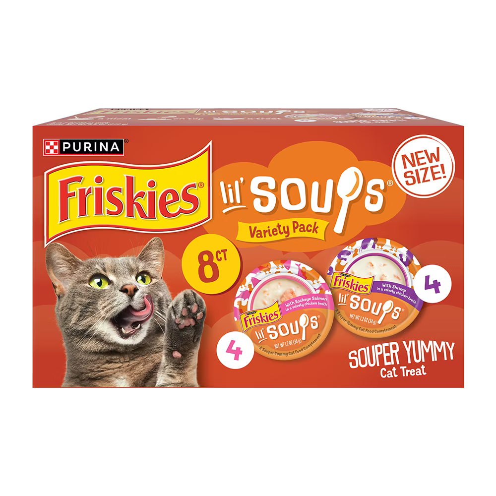 Friskies Lil’ Soups Cat Food Complement With Sockeye Salmon & With Shrimp 8 Ct Variety Pack