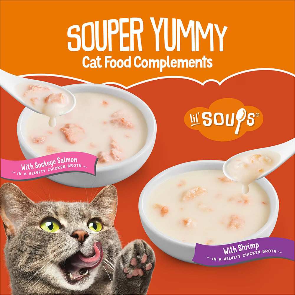 Friskies Lil’ Soups Cat Food Complement With Sockeye Salmon & With Shrimp 8 Ct Variety Pack